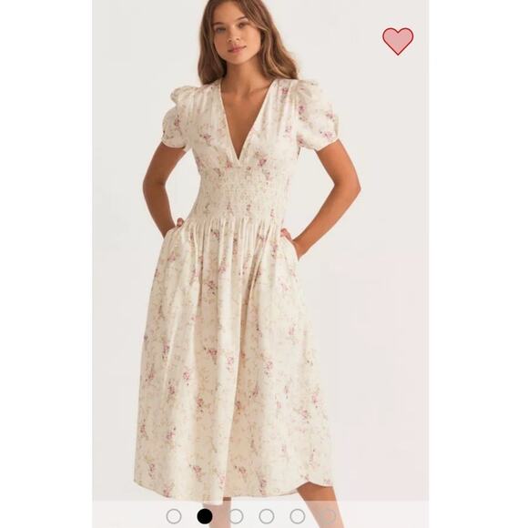 LoveShackFancy Dresses & Skirts - LoveShackFancy Cream Floral Midi Dress with Pink Bouquet Print